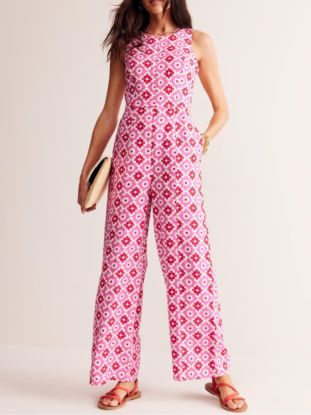 Boden Carla Linen Jumpsuit in Pink Power Geometric  Stamp